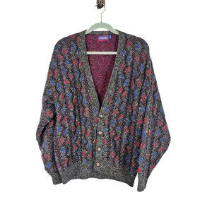 Retro Wool Grandpa Sweater L Gray Textured Preppy Classic Festive Holiday 80s